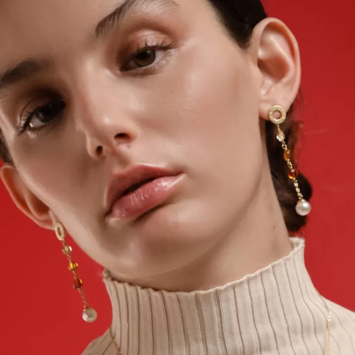 Hot Majorica Algaida Golden Long Earrings With Pearl And Amber Murano Glass