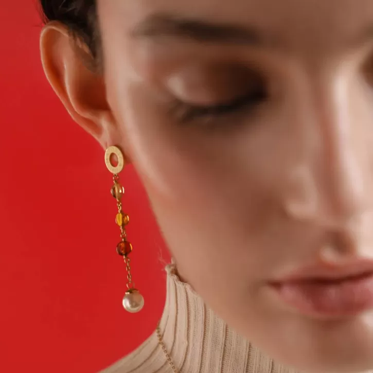 Hot Majorica Algaida Golden Long Earrings With Pearl And Amber Murano Glass