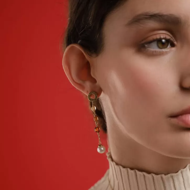 Hot Majorica Algaida Golden Long Earrings With Pearl And Amber Murano Glass