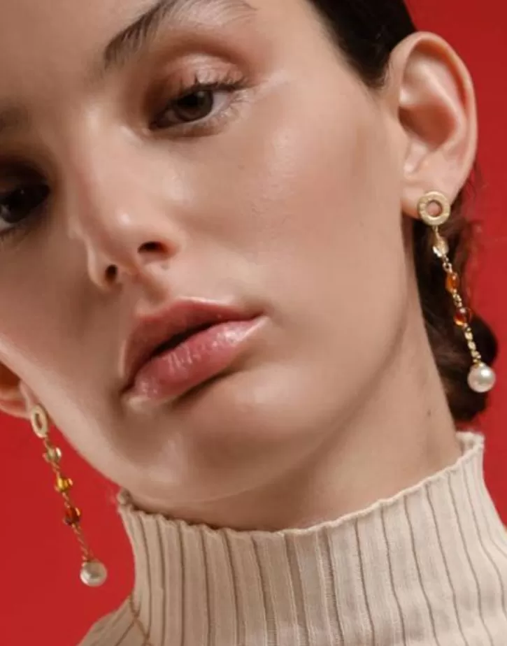 Hot Majorica Algaida Golden Long Earrings With Pearl And Amber Murano Glass