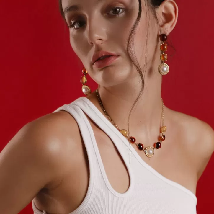 Discount Majorica Algaida Golden Necklace With Half-Ball Pearl And Amber Murano Glass