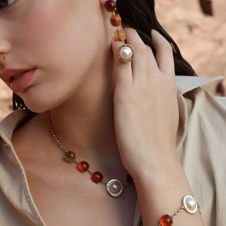 Discount Majorica Algaida Golden Necklace With Half-Ball Pearl And Amber Murano Glass
