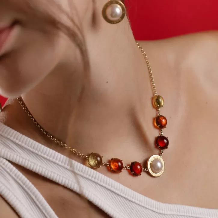 Discount Majorica Algaida Golden Necklace With Half-Ball Pearl And Amber Murano Glass