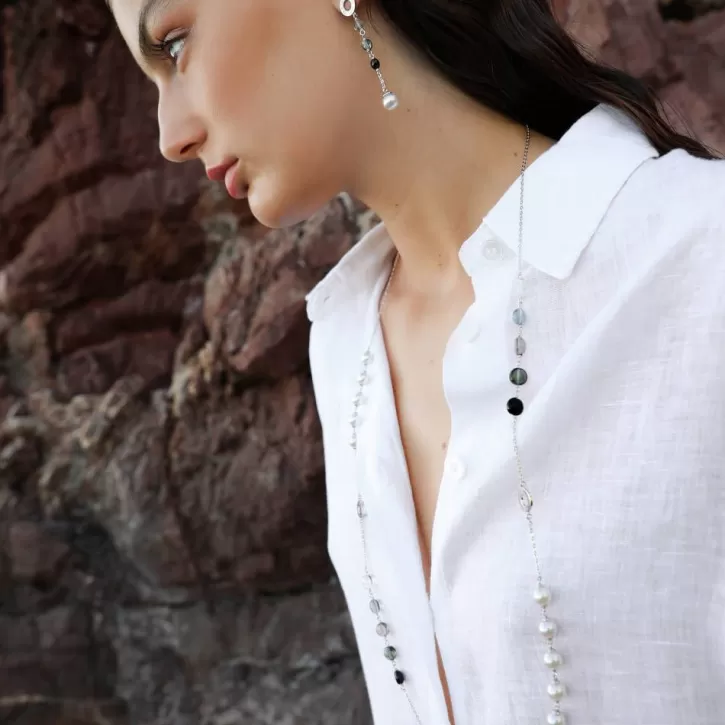 Best Sale Majorica Algaida Silver Long Earrings With Pearl And Black Murano Glass