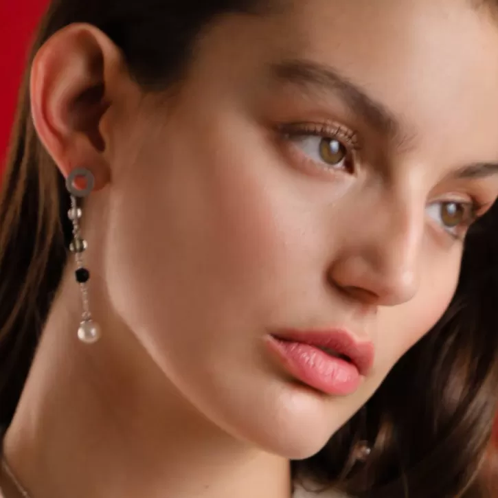 Best Sale Majorica Algaida Silver Long Earrings With Pearl And Black Murano Glass