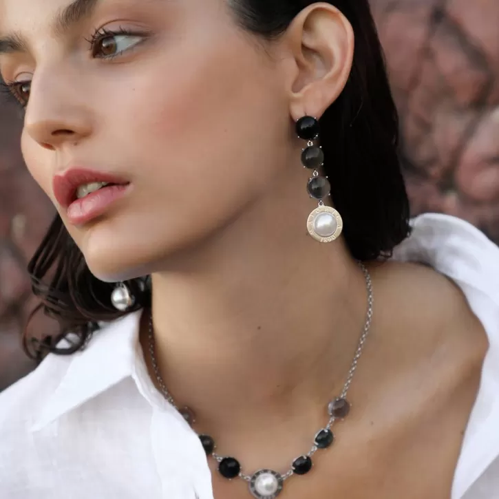 Sale Majorica Algaida Silver Necklace With Half-Ball Pearl And Black Murano Glass