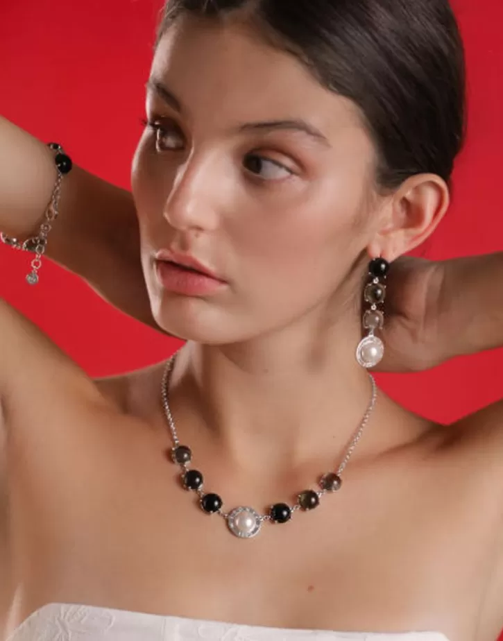 Sale Majorica Algaida Silver Necklace With Half-Ball Pearl And Black Murano Glass
