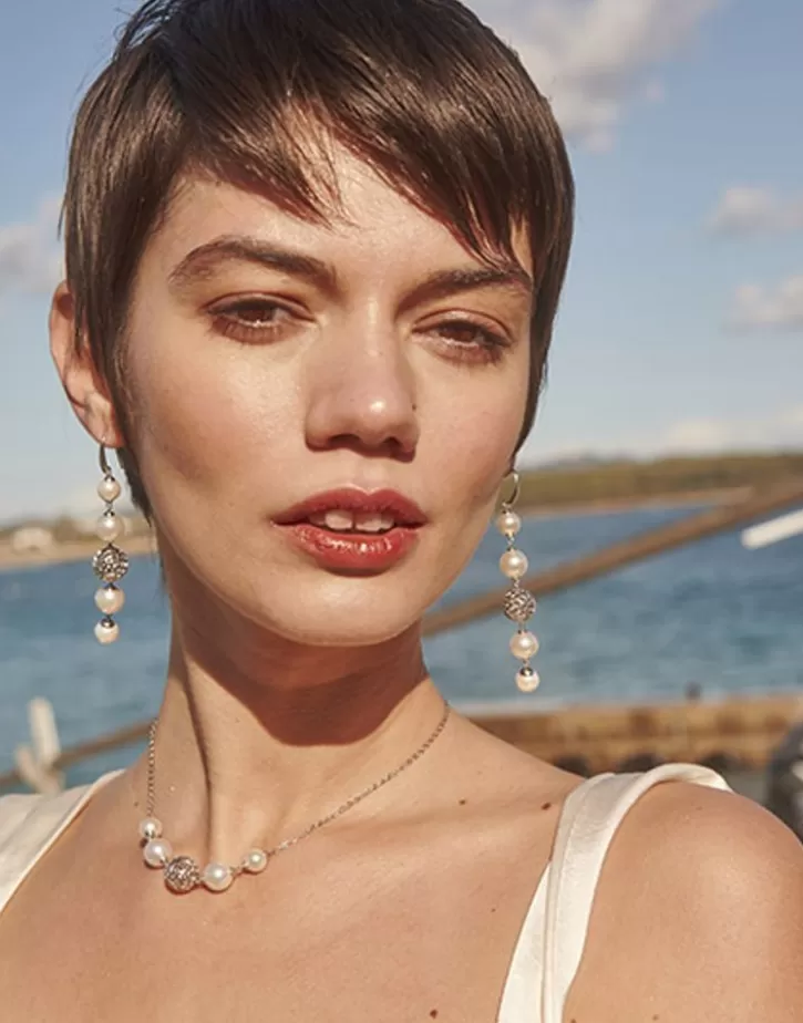 Clearance Majorica Eternal Earrings With Round Pearls And Cutwork Ball In Silver
