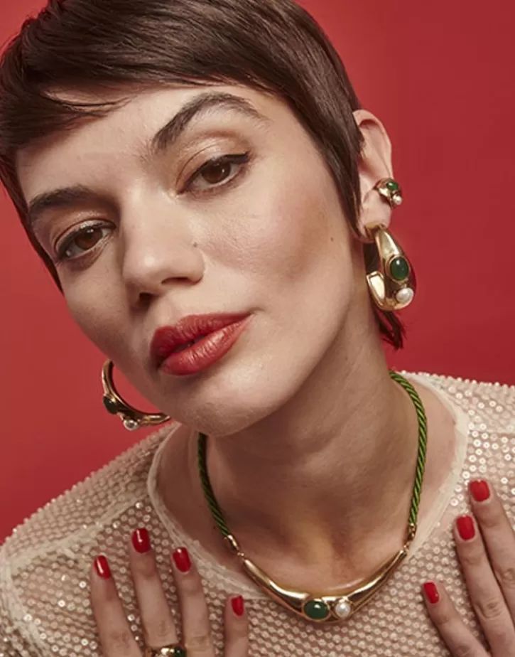 Discount Majorica Gold Feme Big Hoop Earrings With Pearls And Green Agates