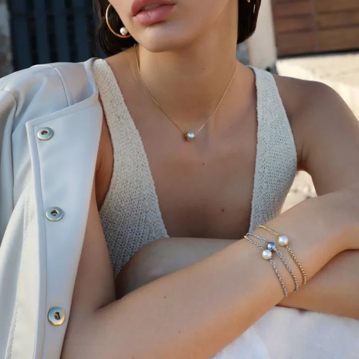 New Majorica Gold Plated Chain Bracelet Nuada In Steel And White Pearl