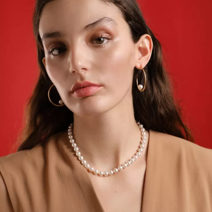 Store Majorica Gold Plated Necklace Lyra With 8Mm White Pearl 40Cm Tab Lock