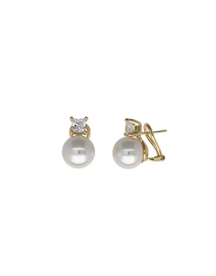 Fashion Majorica Golden Silver Earrings Selene With 12Mm White Pearl And Zircons