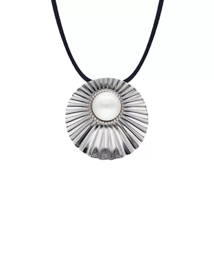 Store Majorica Le Palm White Pearl Steel Necklace With Blue Silk Cord