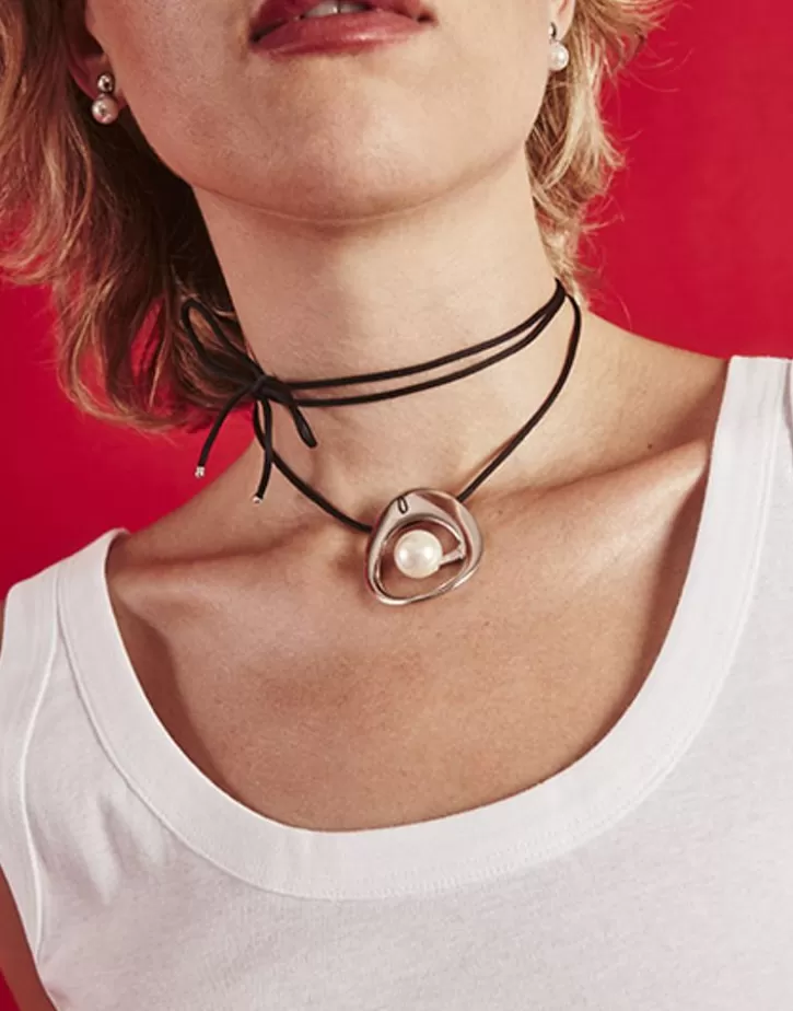 New Majorica Petra Cord Necklace In Steel And Black Silk