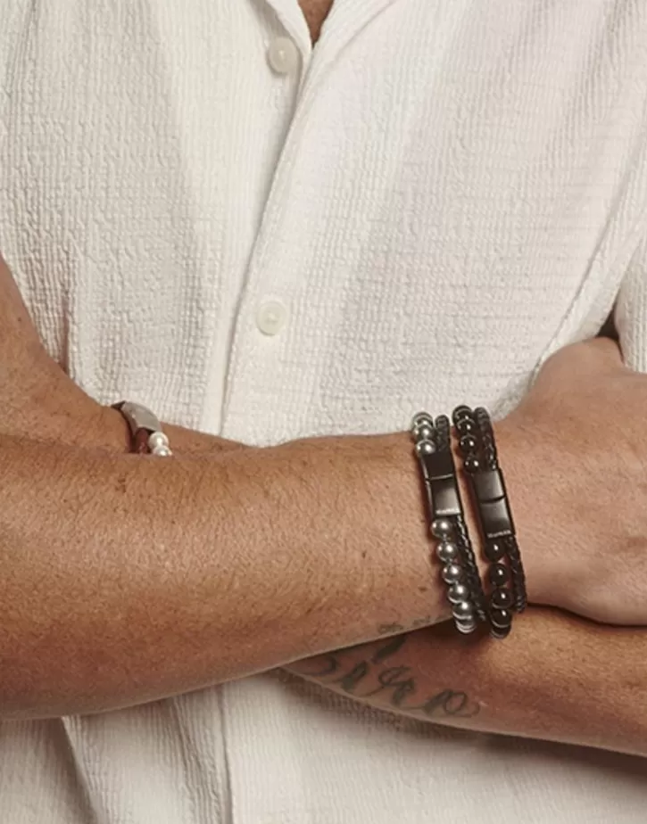 Clearance Majorica Sailor Bracelet In Steel, Leather And Black Pearl 22Cm