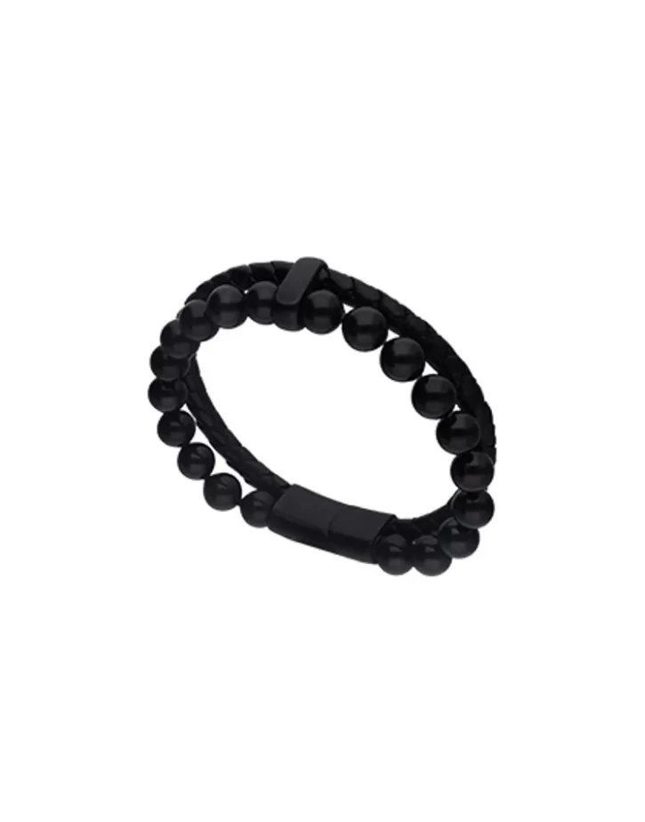 Clearance Majorica Sailor Bracelet In Steel, Leather And Black Pearl 22Cm