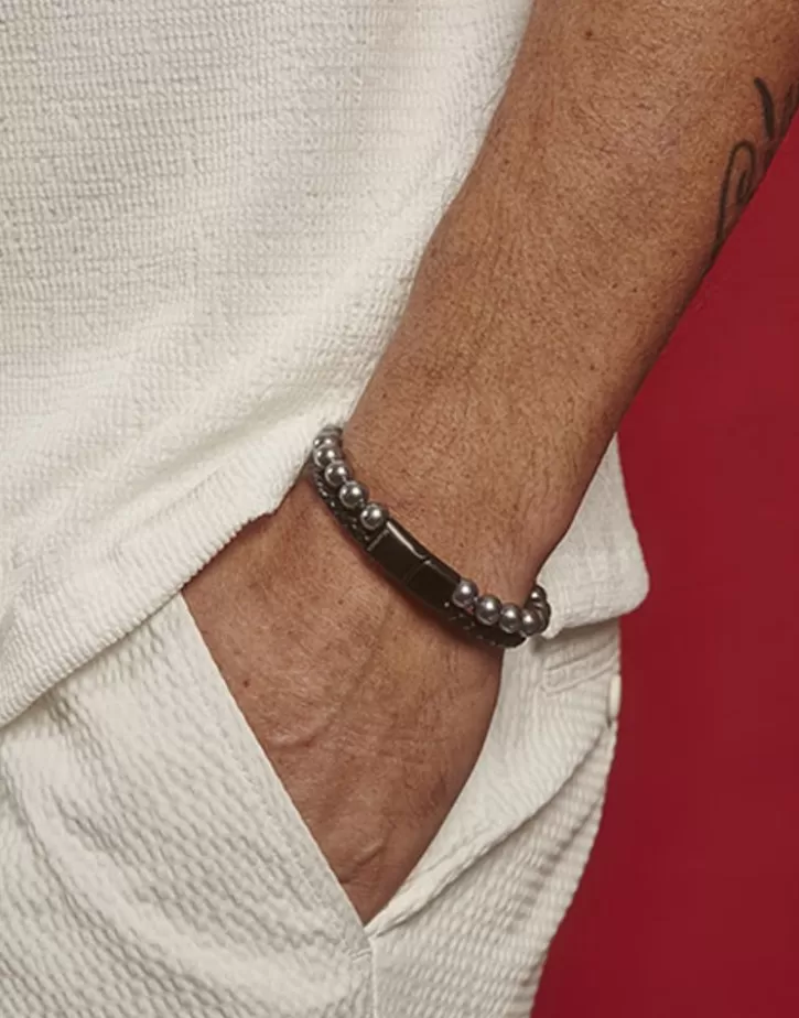 Clearance Majorica Sailor Bracelet In Steel, Leather And Grey Pearl 22Cm