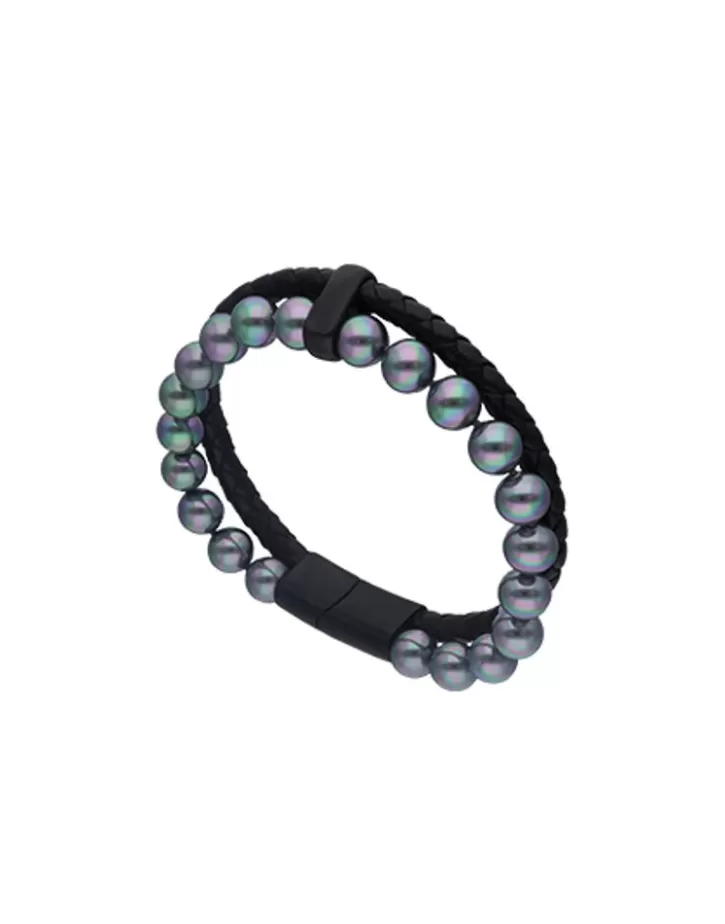 Clearance Majorica Sailor Bracelet In Steel, Leather And Grey Pearl 22Cm